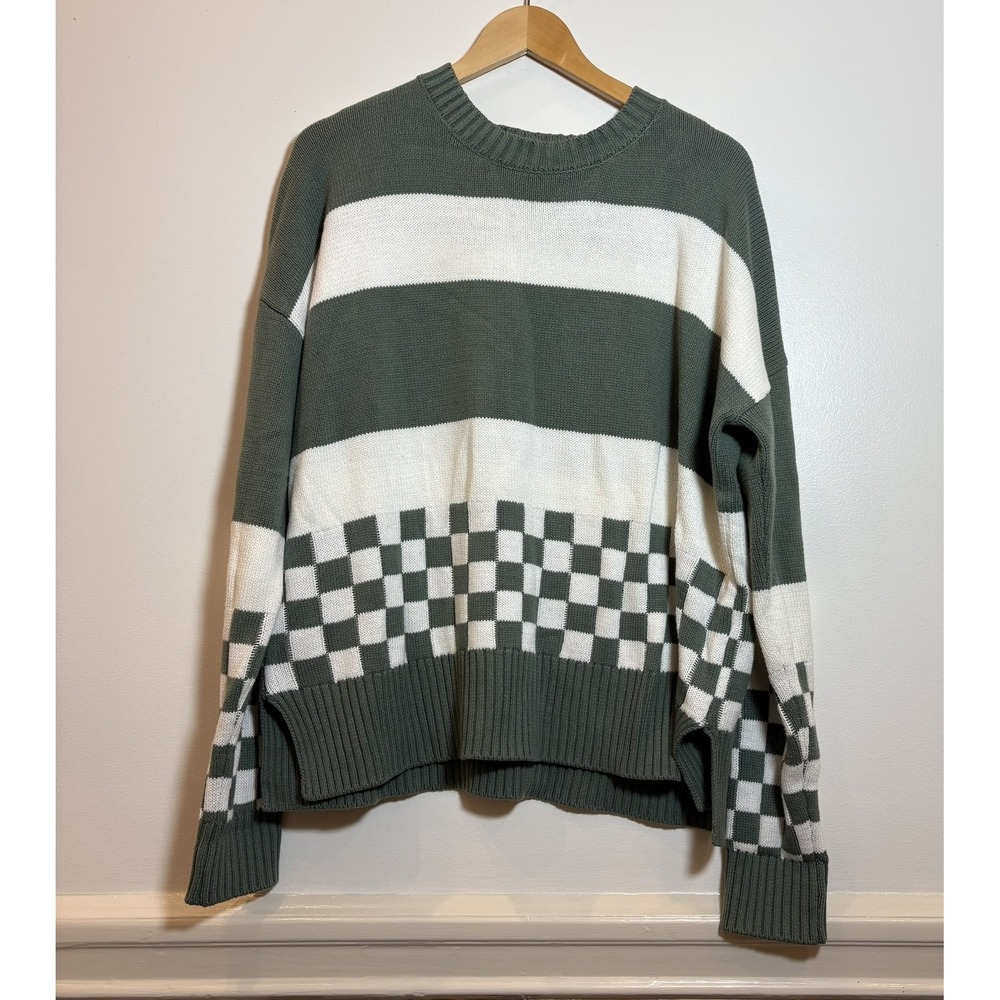 Beach Riot Womens Olive Green White Striped Checkered Knit Crewneck Sweater OS